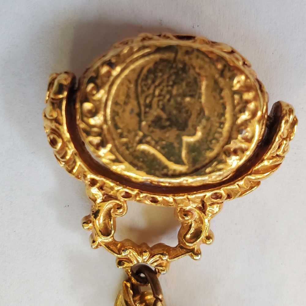 Goldtone Roman Coins & Charms Necklace 16" - Picture 4 of 9